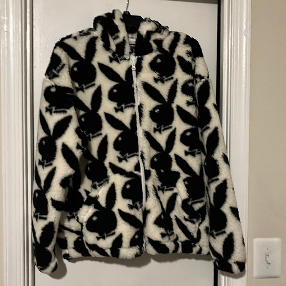 PLAYBOY Black and White Faux Fur Zip-Up Jacket